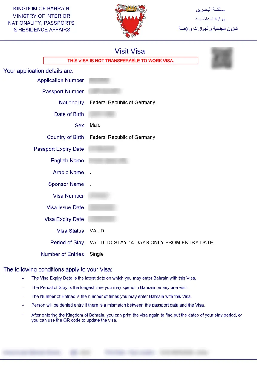 Sample Bahrain eVisa visit visa issued by NPRA